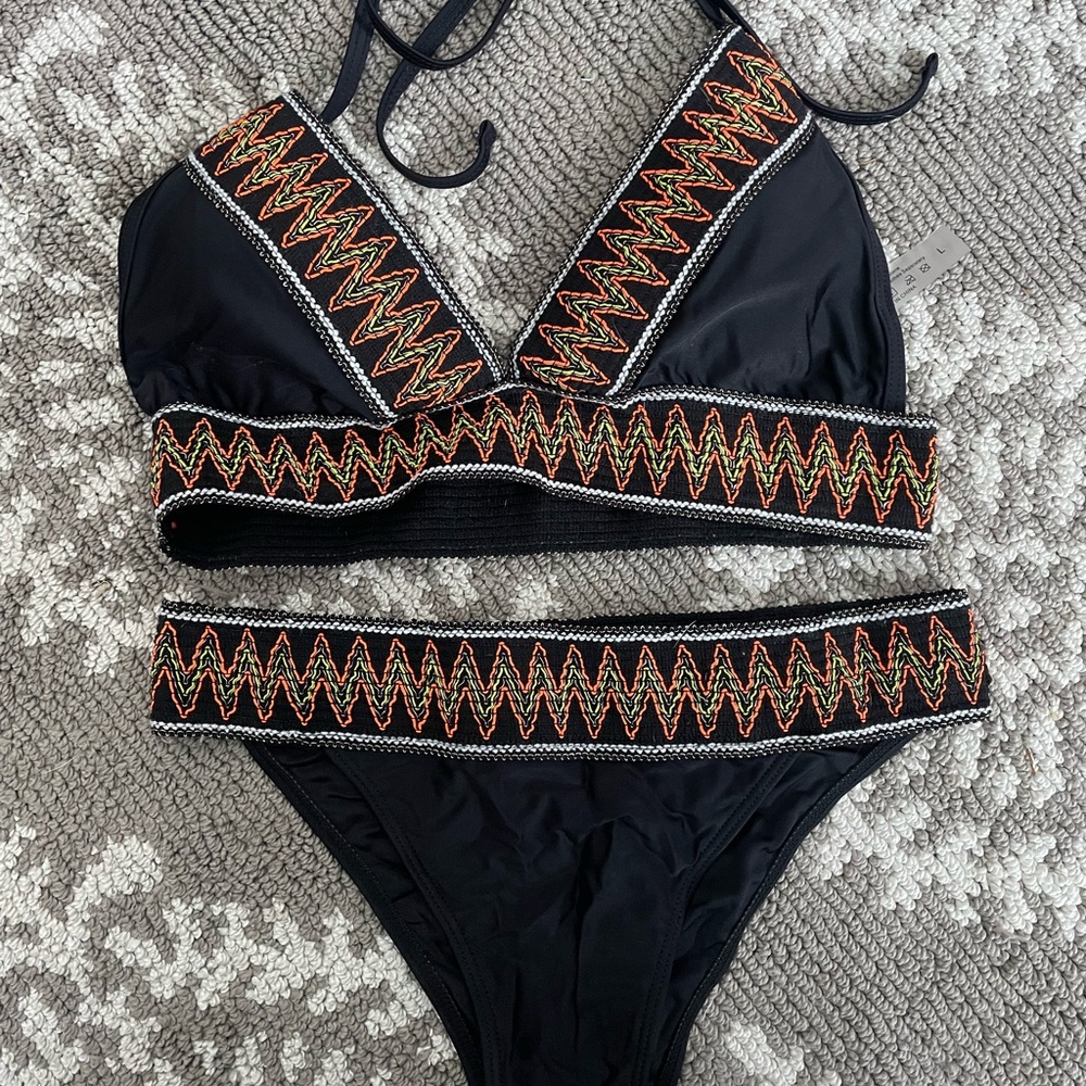 SHEIN Black Bikini with Colorful Zigzag Embroidery